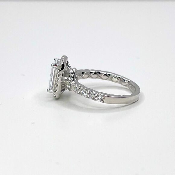 NEW STERLING SILVER | Emerald Cut Halo Engagement Ring - Picture 3 of 7